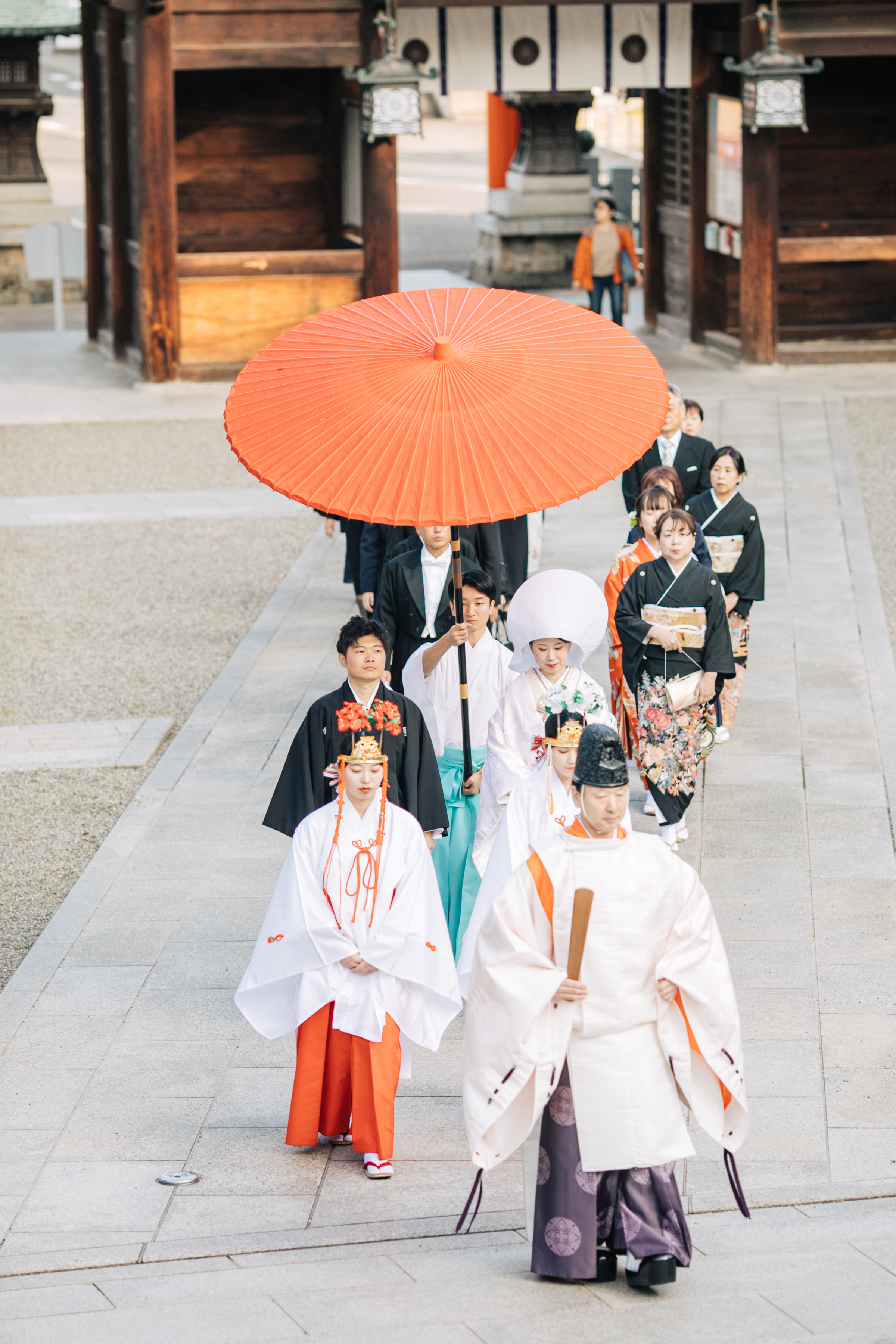 伊豫豆比古命神社 椿祷殿（椿神社）で挙げられたお客様の結婚式　秋の夕方柔らかい日差しの中参進で神殿へ進む紋付袴白無垢姿の新郎新婦様
