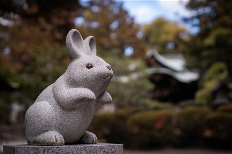 境内に散りばめられたうさぎの石像やモチーフは、縁結び・安産・子授けの象徴として知られ、可愛らしいフォトスポットとしても人気です。