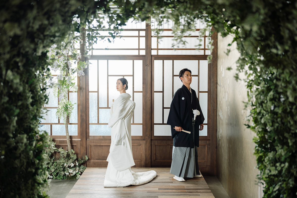 グリーンの背景と和装の撮影も◎