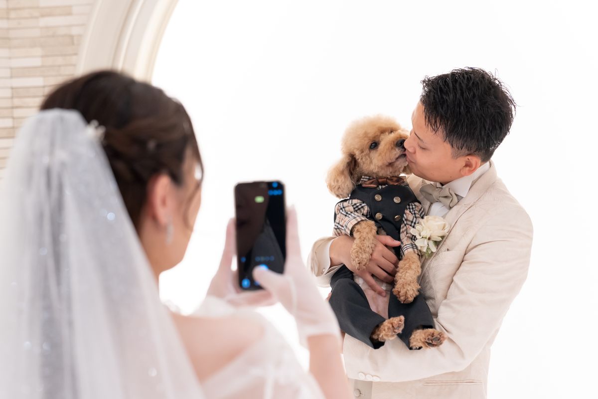 愛犬と一緒に楽しむペットフォトウェディング。ふたりで写真を撮り合う自然な時間も、愛犬との大切な結婚写真に残して。
