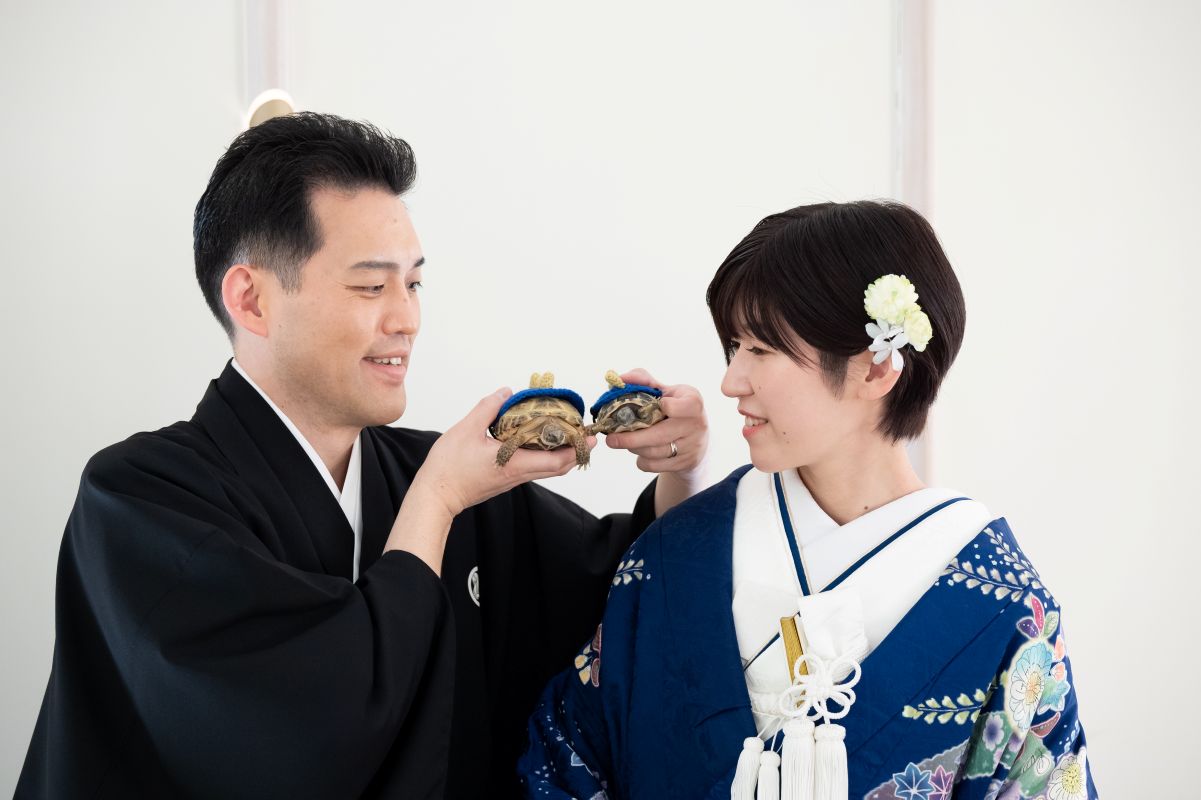 大切なペットの亀と一緒に残す和装フォトウェディング。白無垢と紋付袴で、家族の一員と叶えるふたりらしい結婚写真。