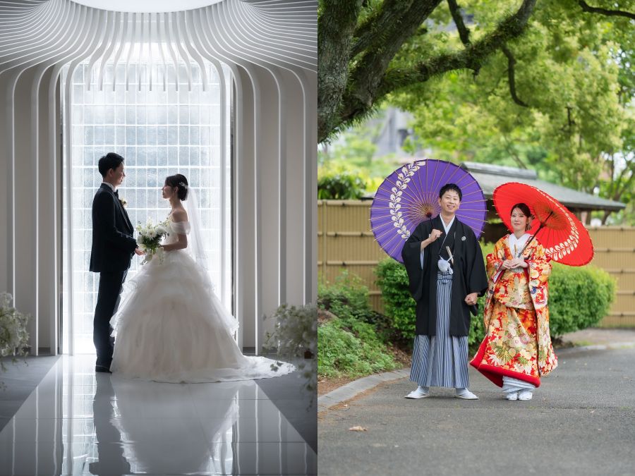 洋装チャペルに併せてのご提案。お茶室、熊本城、水前寺成趣園、神社など、バリエーション豊富な和装ロケーション撮影が叶います