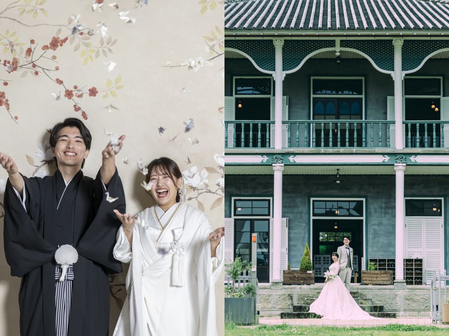 和装スタジオに併せてのご提案。熊本城バックの庭園、ジェーンズ邸、上乃裏の街ブラ、並木坂のフラワーショップなど、オリジナルな洋装ロケーション撮影が叶います