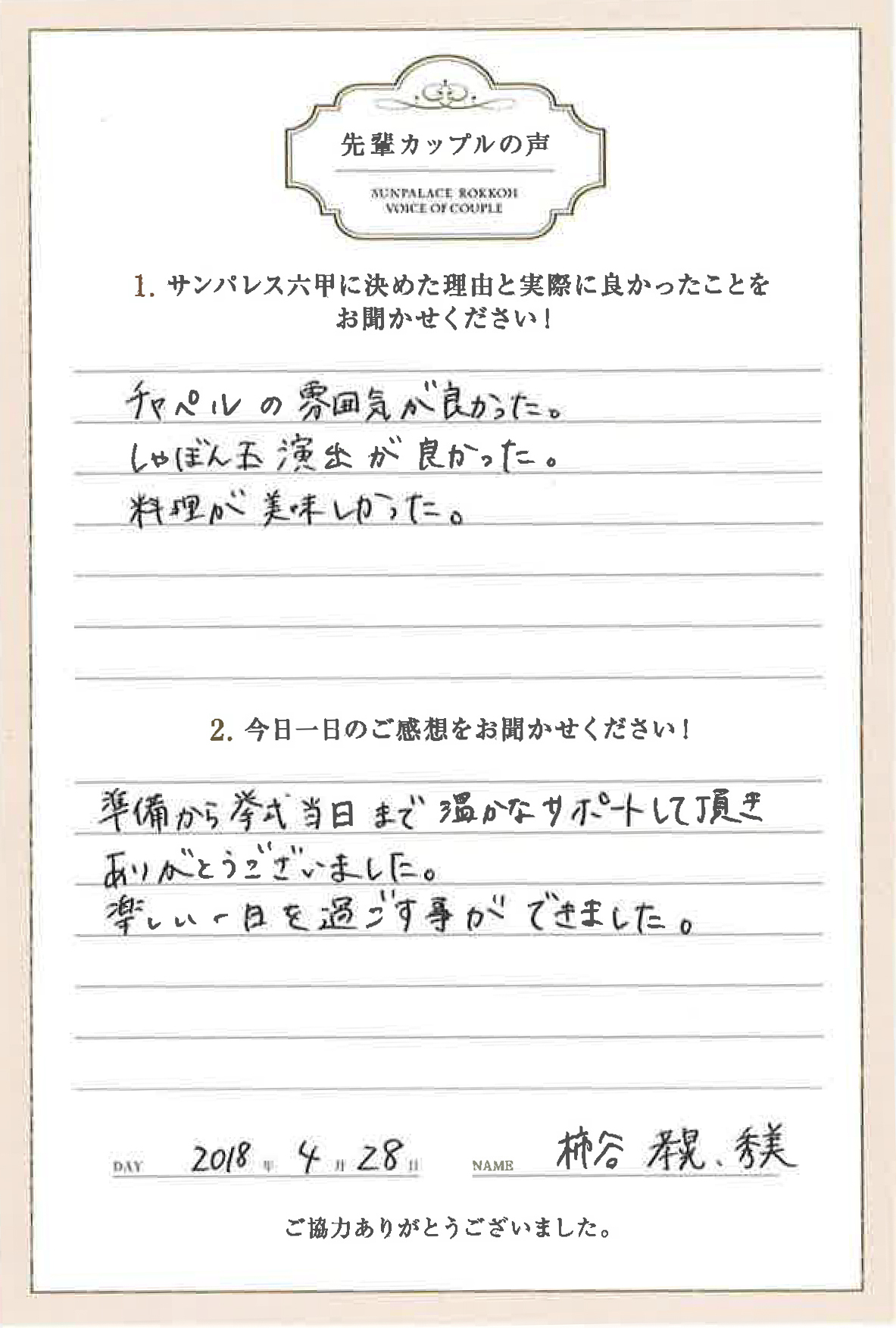 2018/04/28サンパレス六甲お客様の声